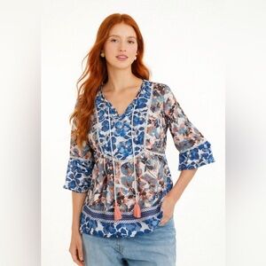 Vintage America VNeck Tie Front Floral Blouse Shirt Peplum Blue Coral medium